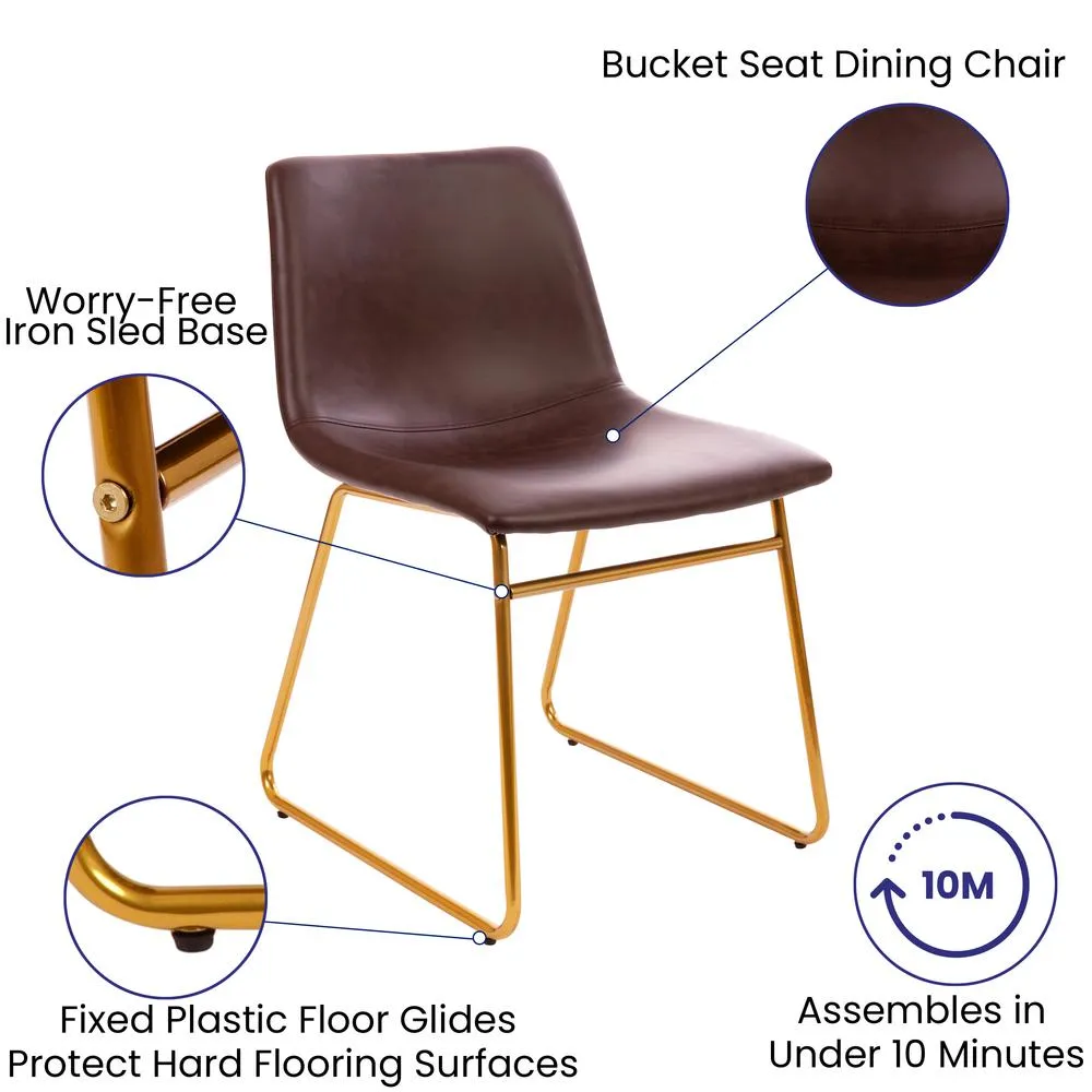 18 Inch Dining Table Height Chair, Mid-Back Sled Base Dining Chair In Dark Brown Leathersoft With Gold Frame, Set Of 2 By Flash Furniture