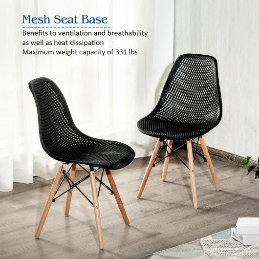 2 Pcs Modern Plastic Hollow Chair Set with Wood Leg-Black
