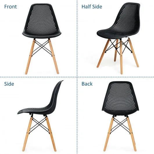 2 Pcs Modern Plastic Hollow Chair Set with Wood Leg-Black