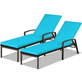 2 pcs Patio Rattan Adjustable Back Lounge Chair-Turquoise