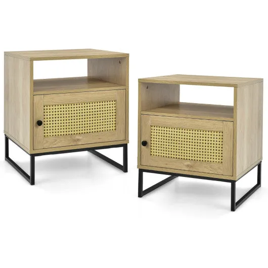2 Pieces Wooden Side End Table with Cabinet and Rattan Decorated Door-Natural