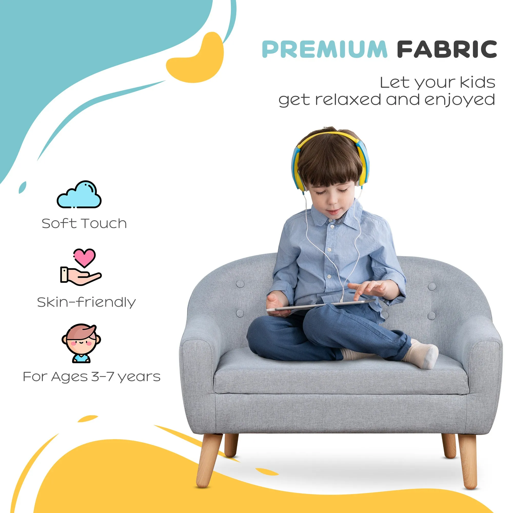 2 Seater Toddler Chair Kids Mini Sofa Children Armchair Seating Chair Bedroom Playroom Furniture Wood Frame Grey