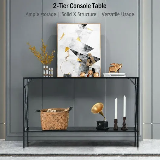 2 Tier Narrow Accent Side Entryway Metal Frame Console Table -Black