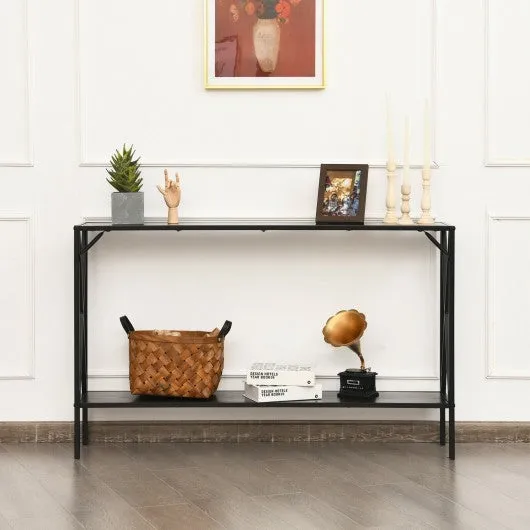 2 Tier Narrow Accent Side Entryway Metal Frame Console Table -Black
