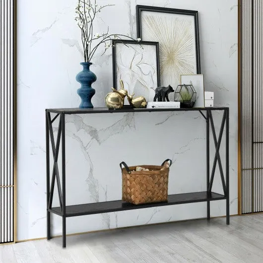 2 Tier Narrow Accent Side Entryway Metal Frame Console Table -Black