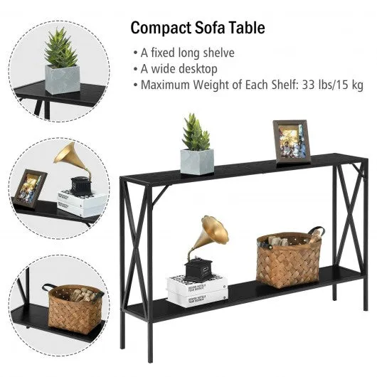 2 Tier Narrow Accent Side Entryway Metal Frame Console Table -Black