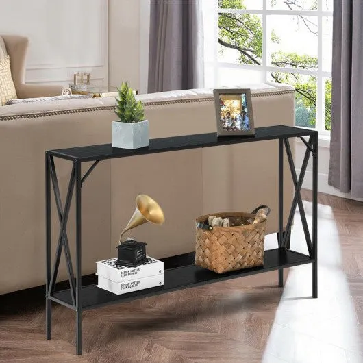 2 Tier Narrow Accent Side Entryway Metal Frame Console Table -Black