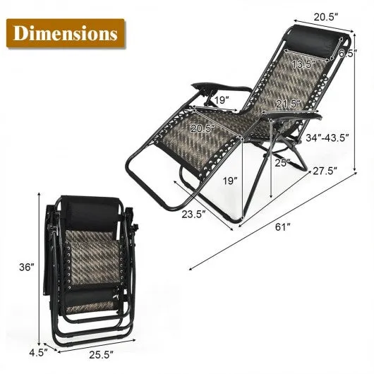 2Pcs Folding Patio Rattan Zero Gravity Lounge Chair-Gray