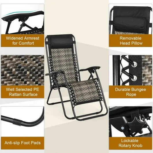 2Pcs Folding Patio Rattan Zero Gravity Lounge Chair-Gray