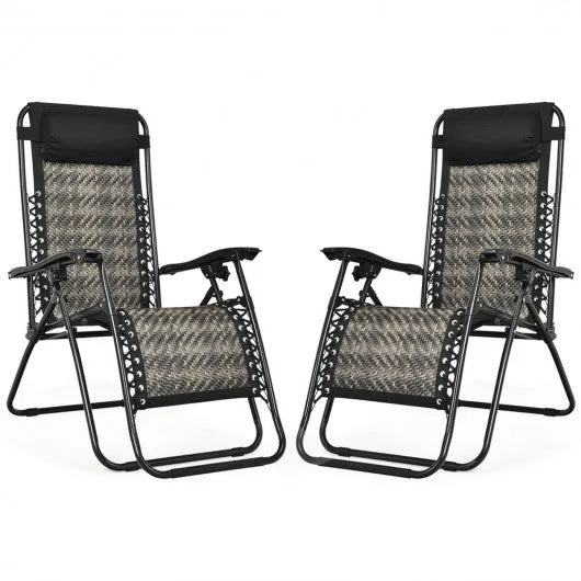 2Pcs Folding Patio Rattan Zero Gravity Lounge Chair-Gray