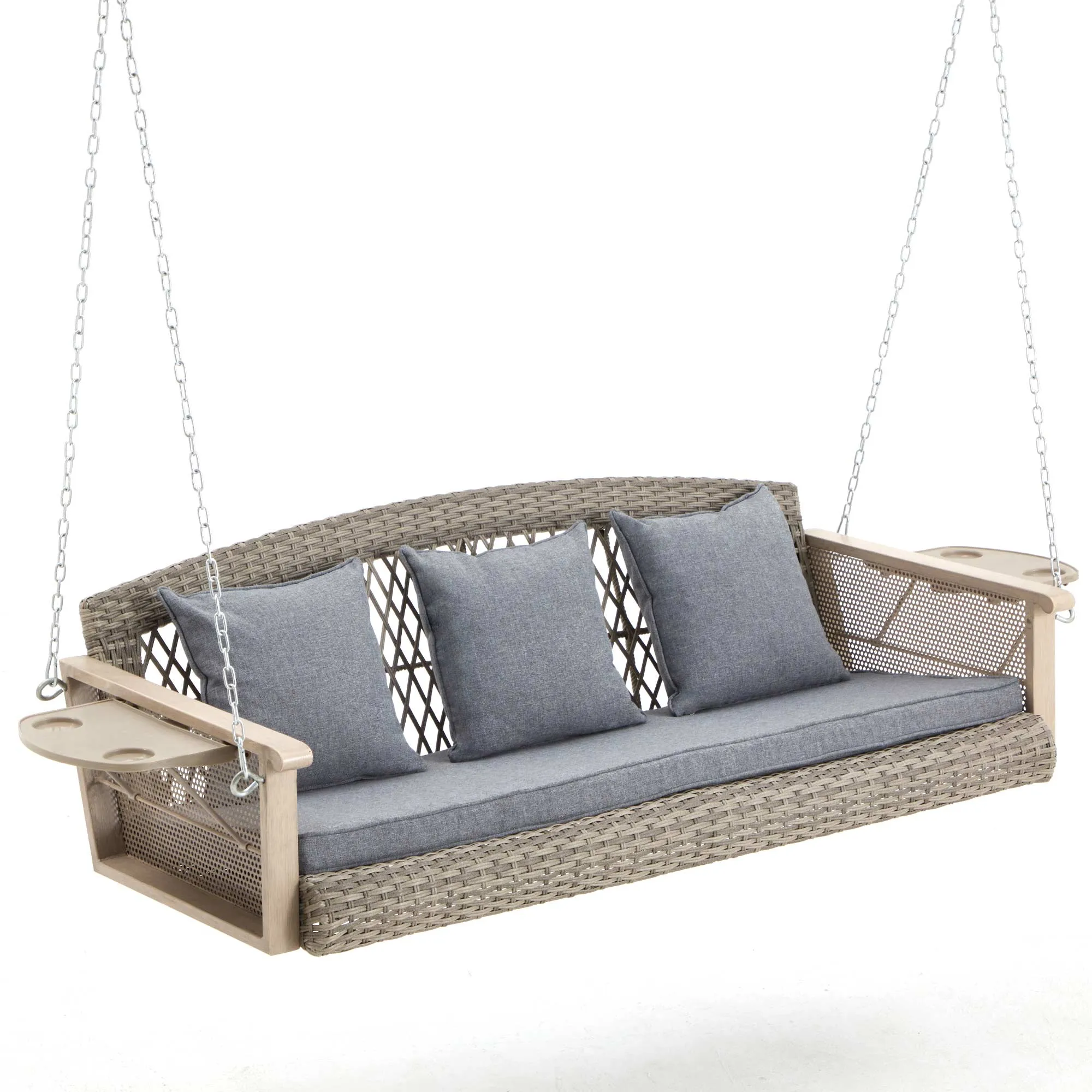 3-Seater Patio Swing Bed with Cup Holders and Cushions , Gray