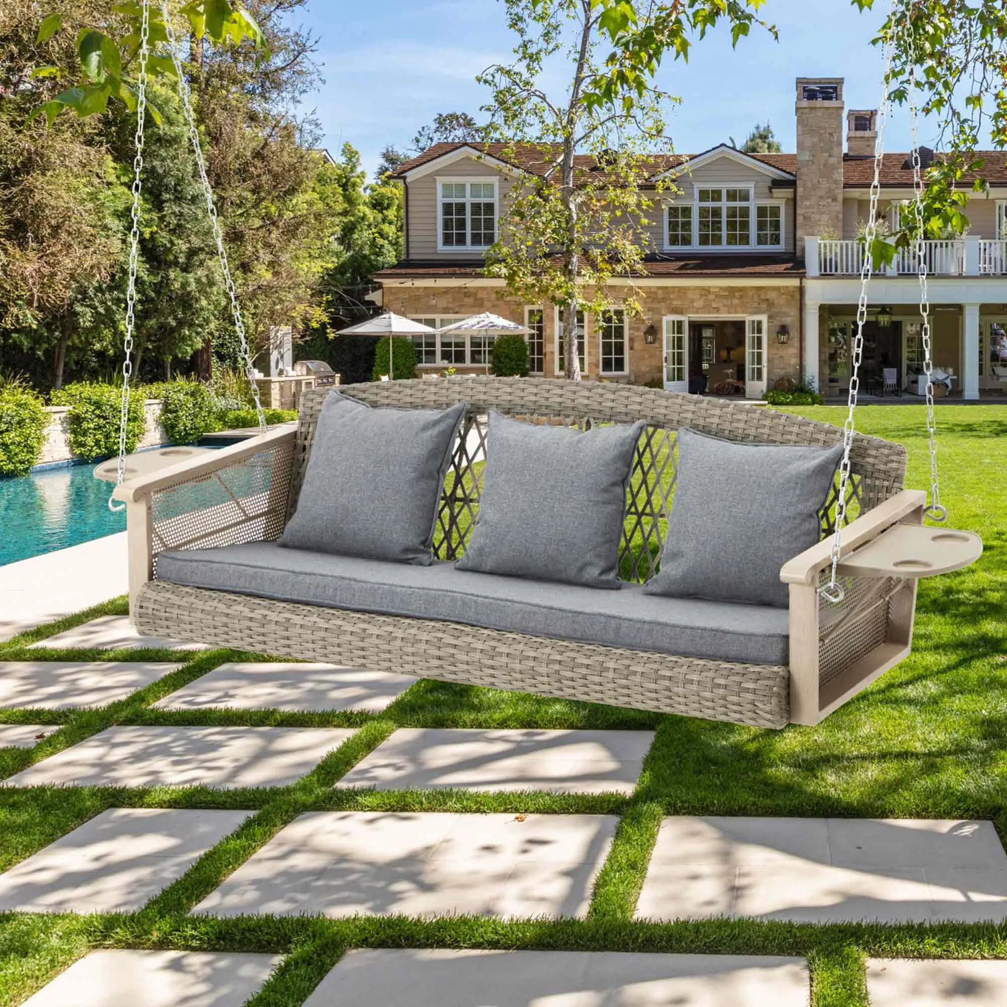 3-Seater Patio Swing Bed with Cup Holders and Cushions , Gray