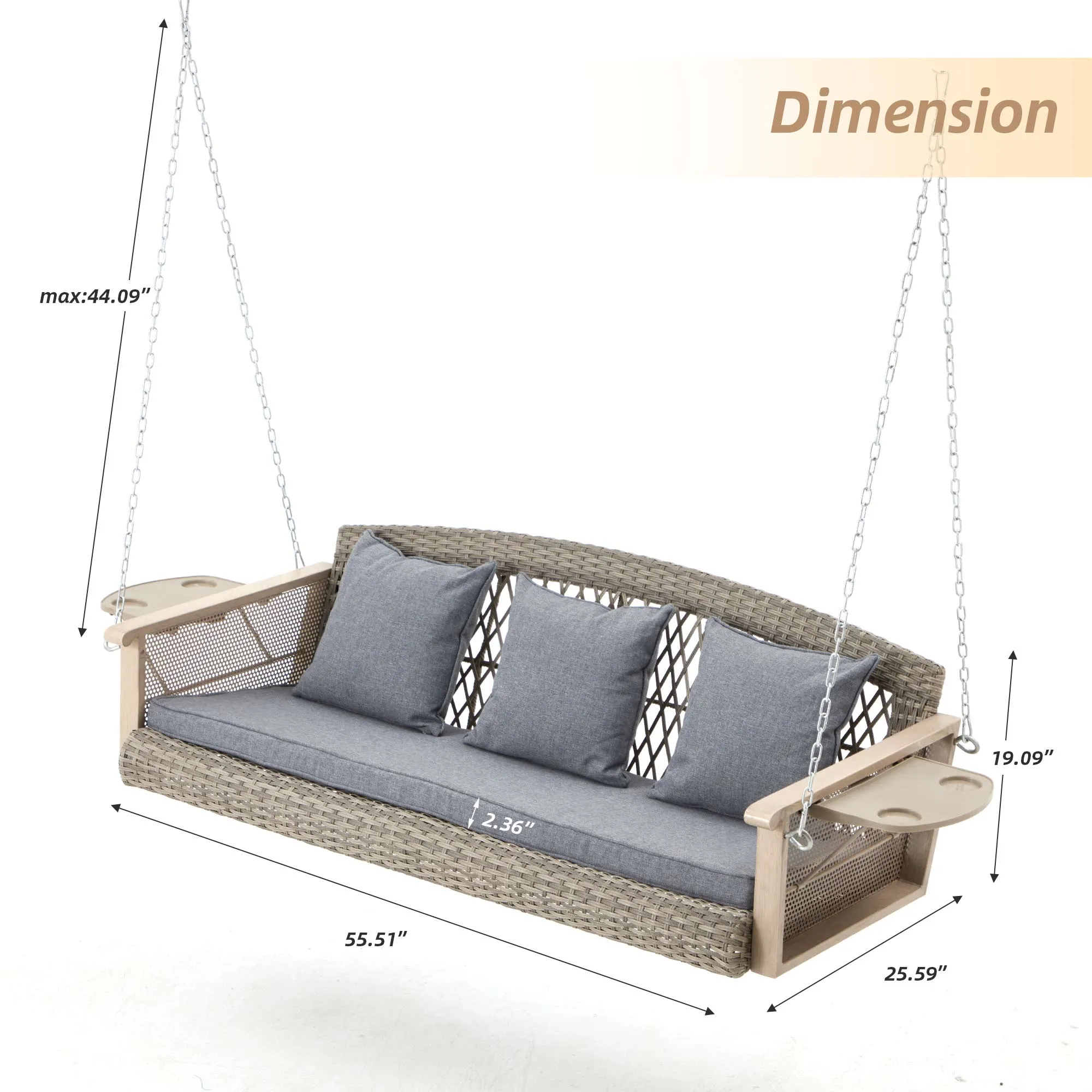 3-Seater Patio Swing Bed with Cup Holders and Cushions , Gray