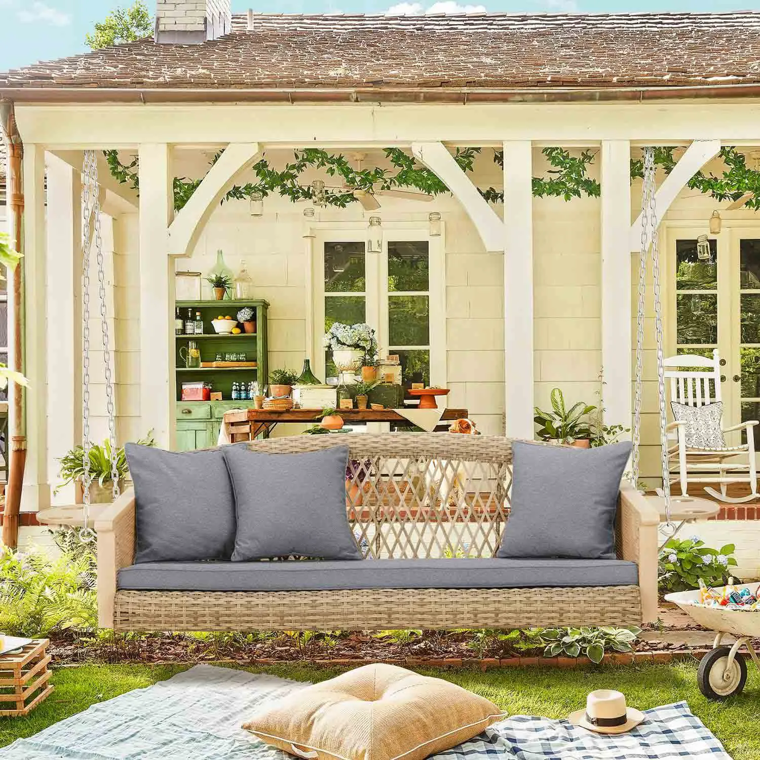 3-Seater Patio Swing Bed with Cup Holders and Cushions , Gray