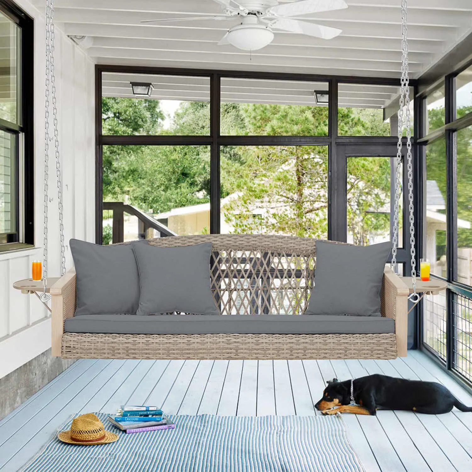 3-Seater Patio Swing Bed with Cup Holders and Cushions , Gray