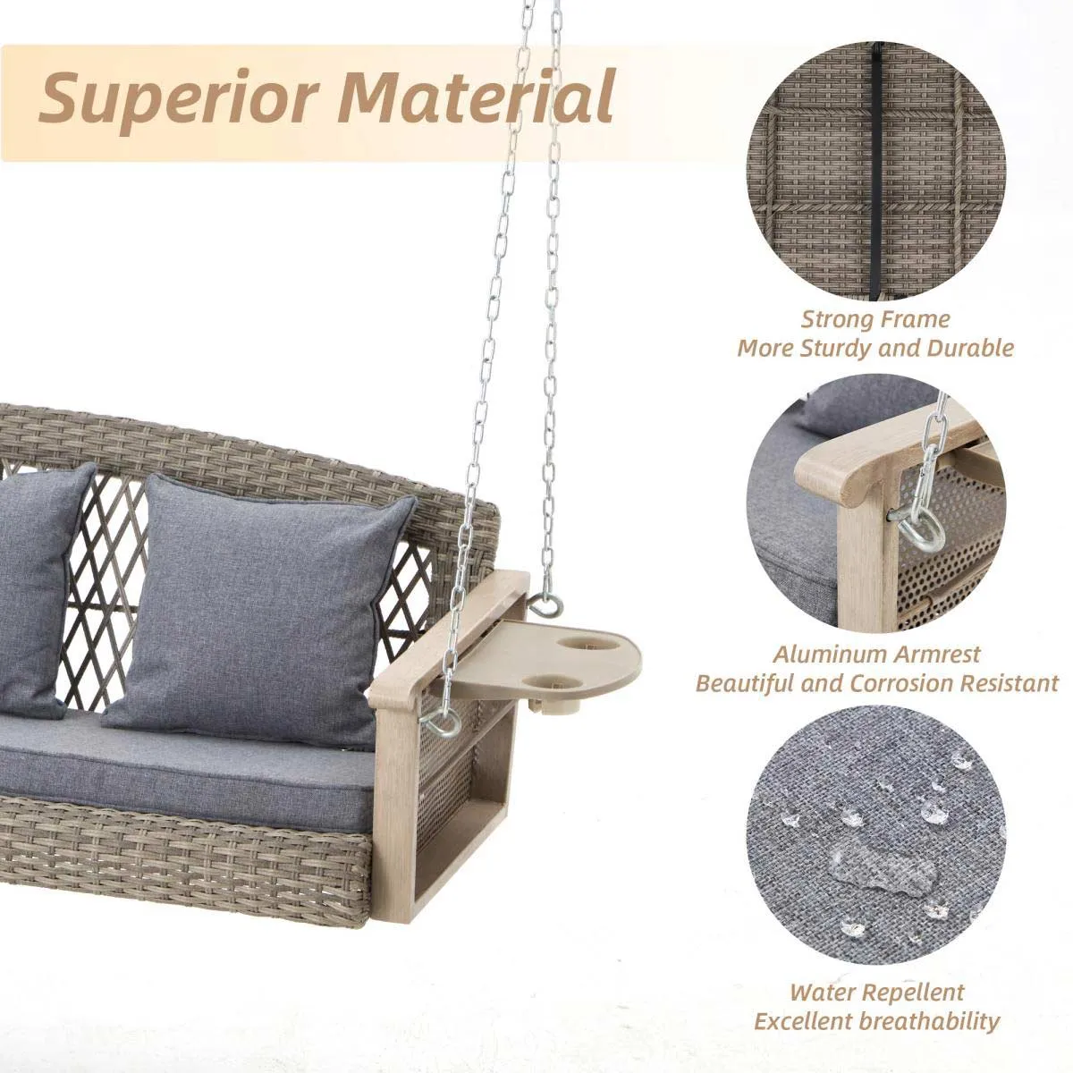 3-Seater Patio Swing Bed with Cup Holders and Cushions , Gray