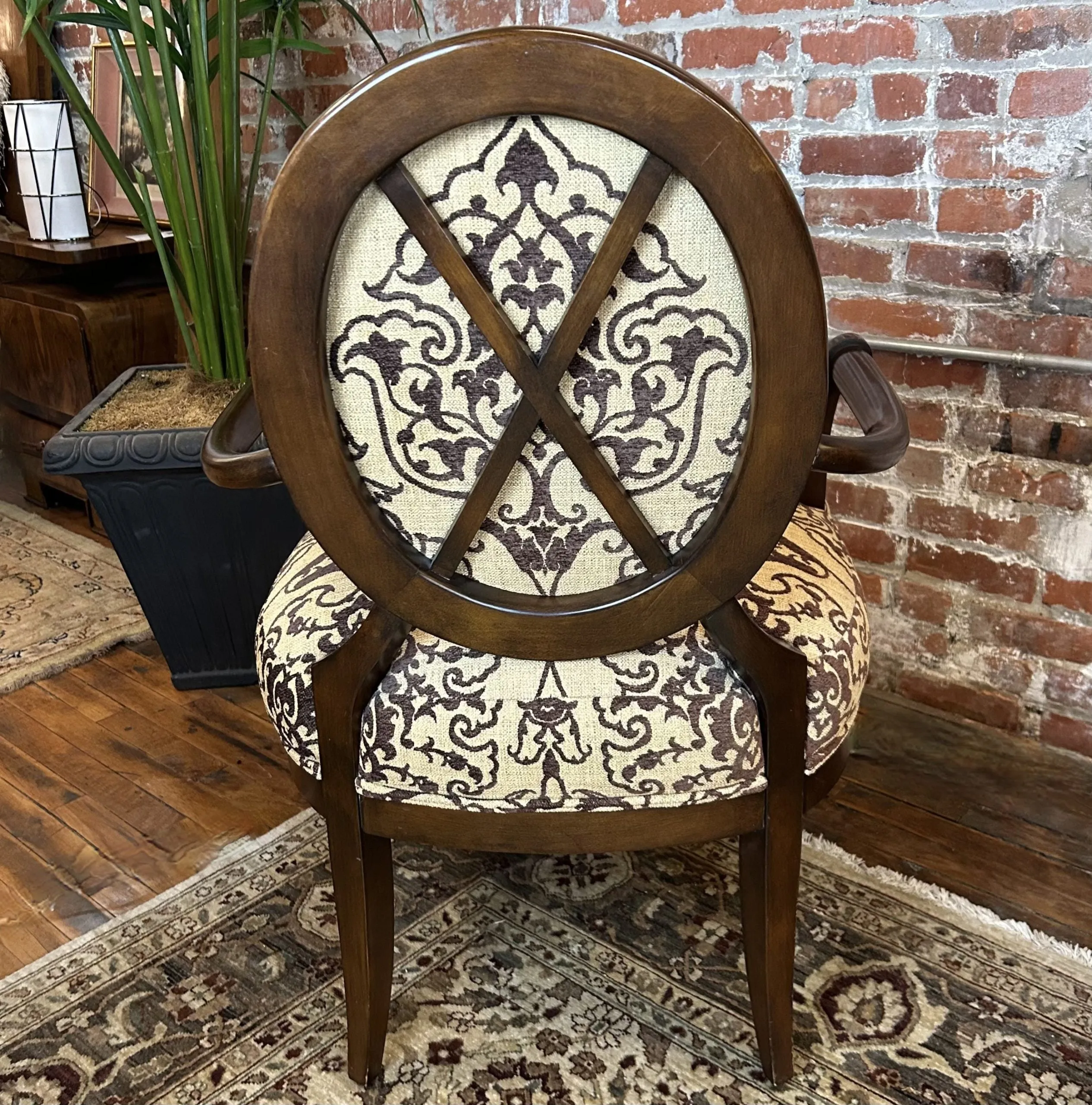 Accent Arm Chair, Oval Back, Brown Shaved Ornate Velvet Beige Weave Upholstery