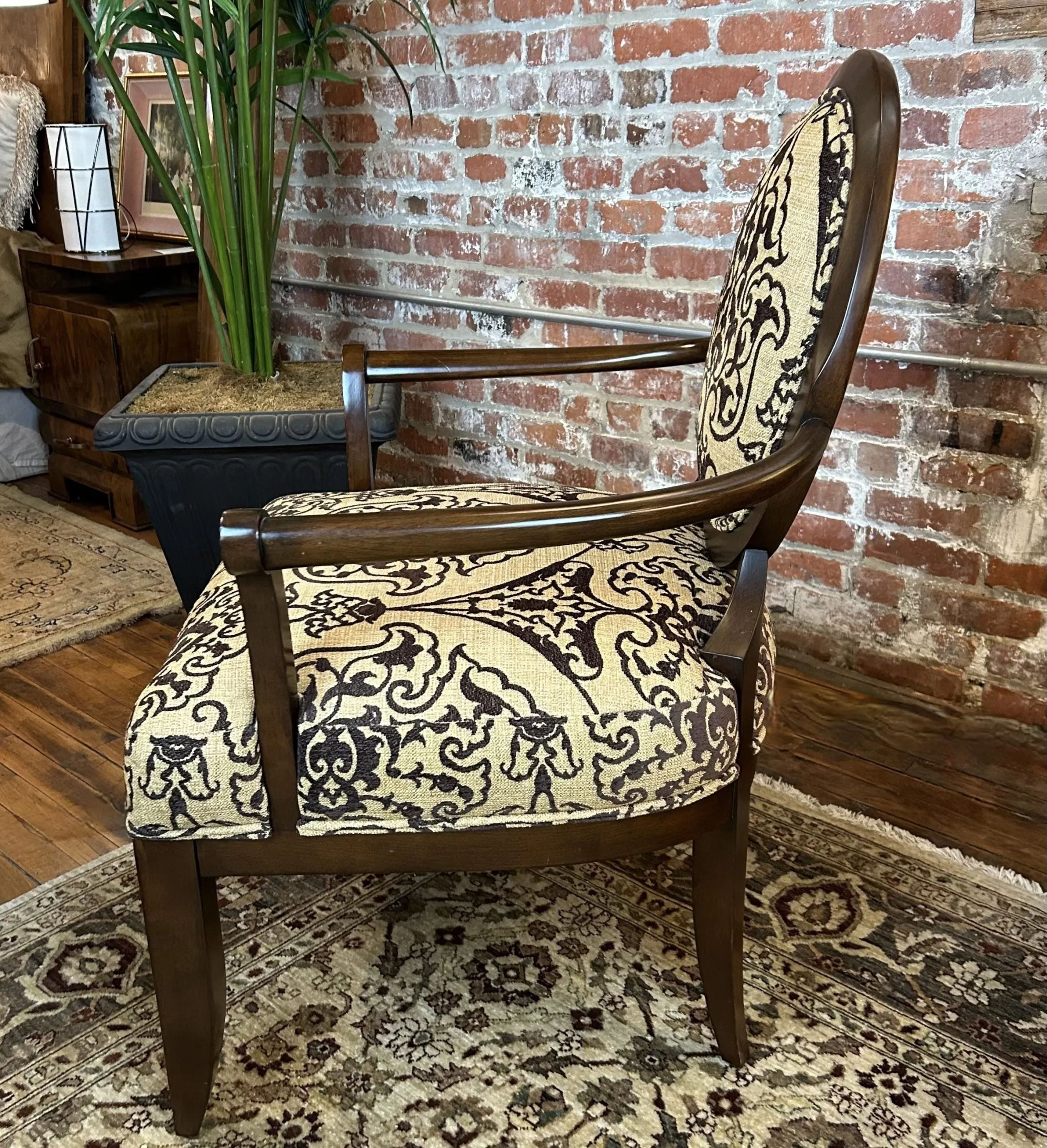 Accent Arm Chair, Oval Back, Brown Shaved Ornate Velvet Beige Weave Upholstery