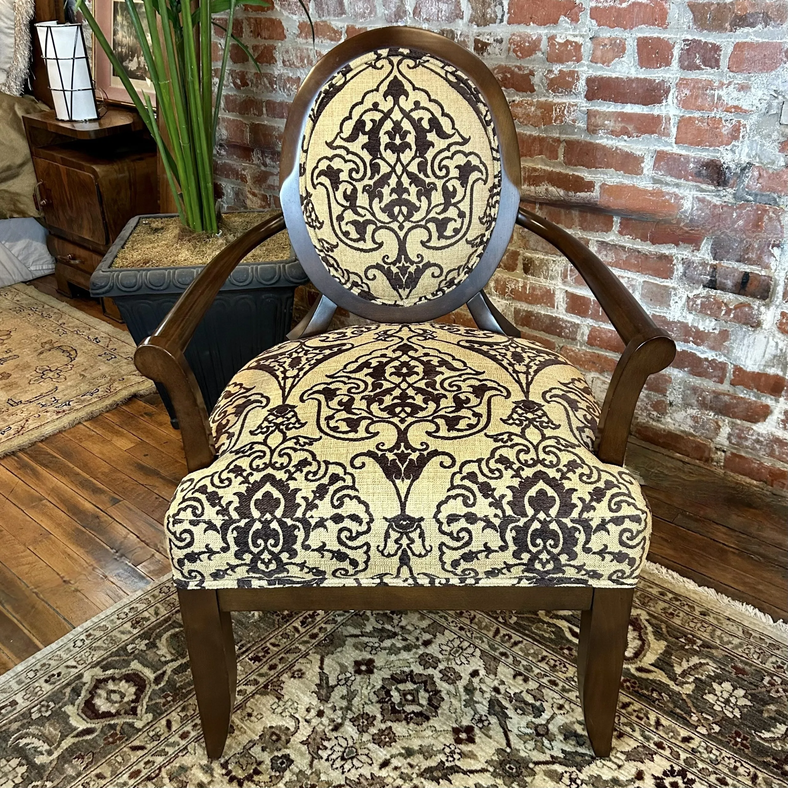 Accent Arm Chair, Oval Back, Brown Shaved Ornate Velvet Beige Weave Upholstery
