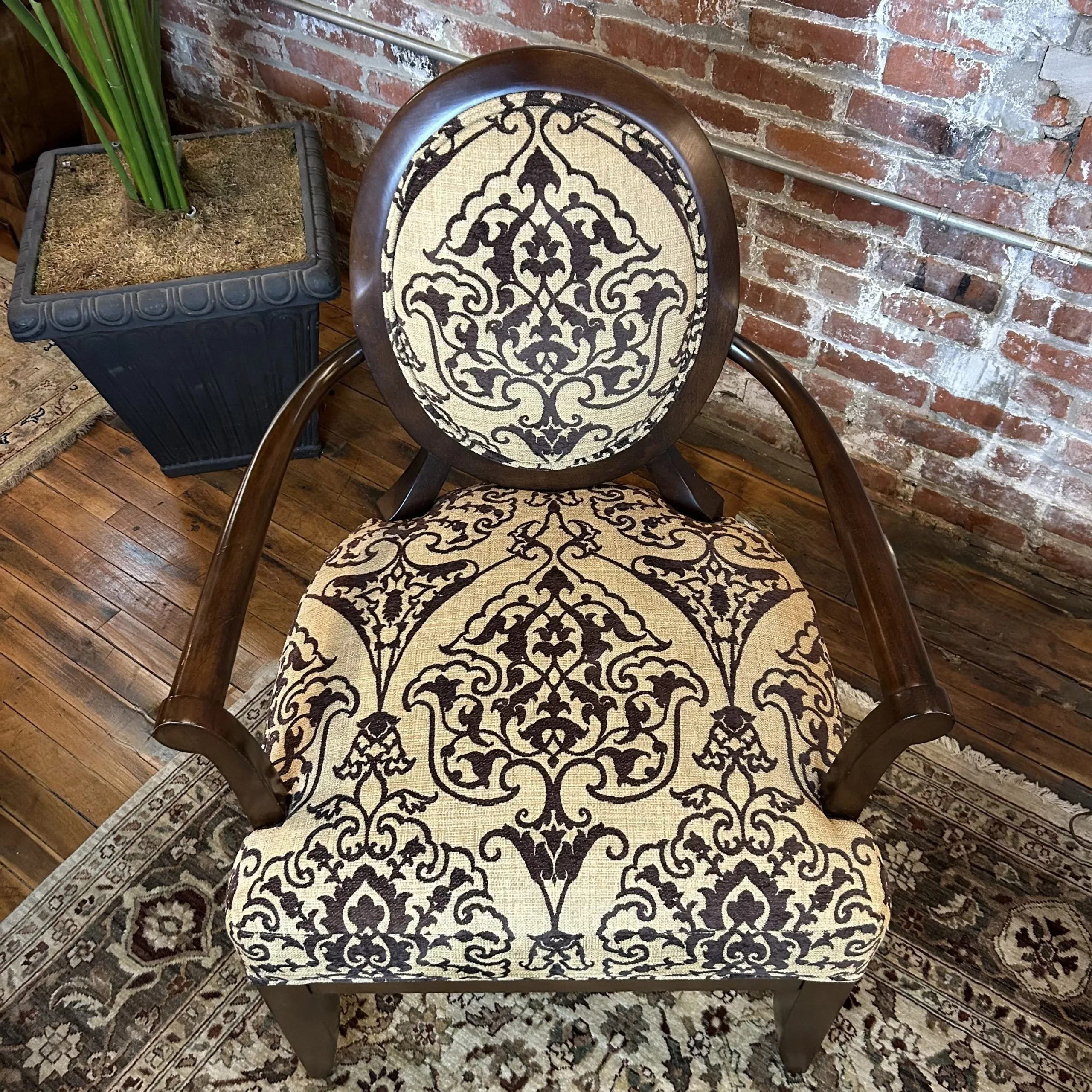 Accent Arm Chair, Oval Back, Brown Shaved Ornate Velvet Beige Weave Upholstery