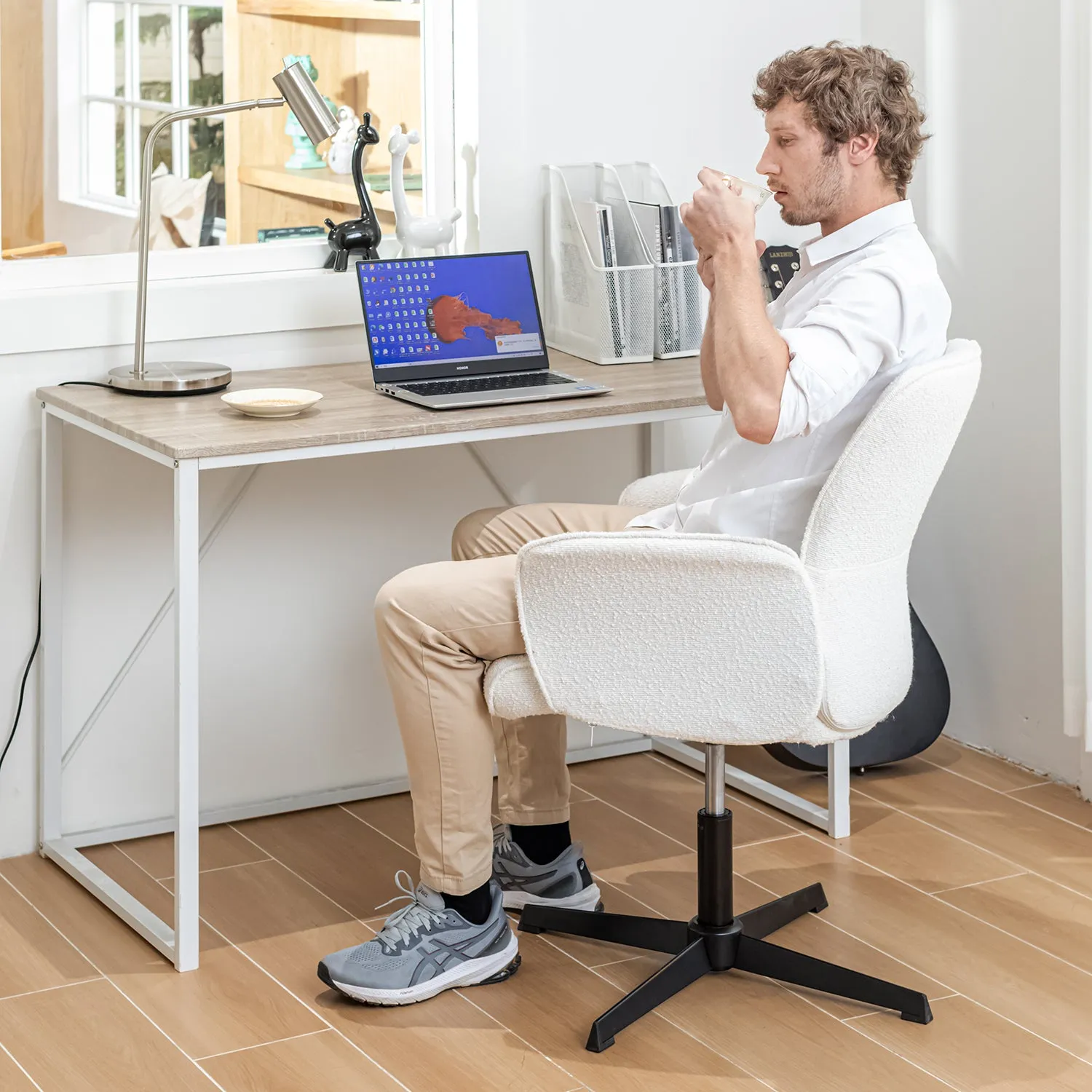 Adjustable Height Swivel Office Chair with Arms in Beige - Homy Casa