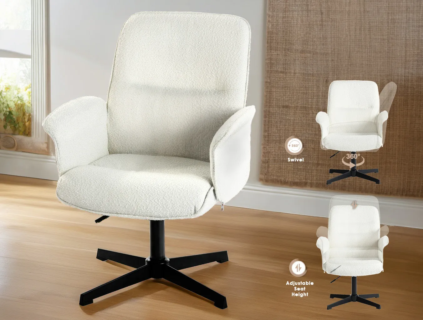 Adjustable Height Swivel Office Chair with Arms in Beige - Homy Casa