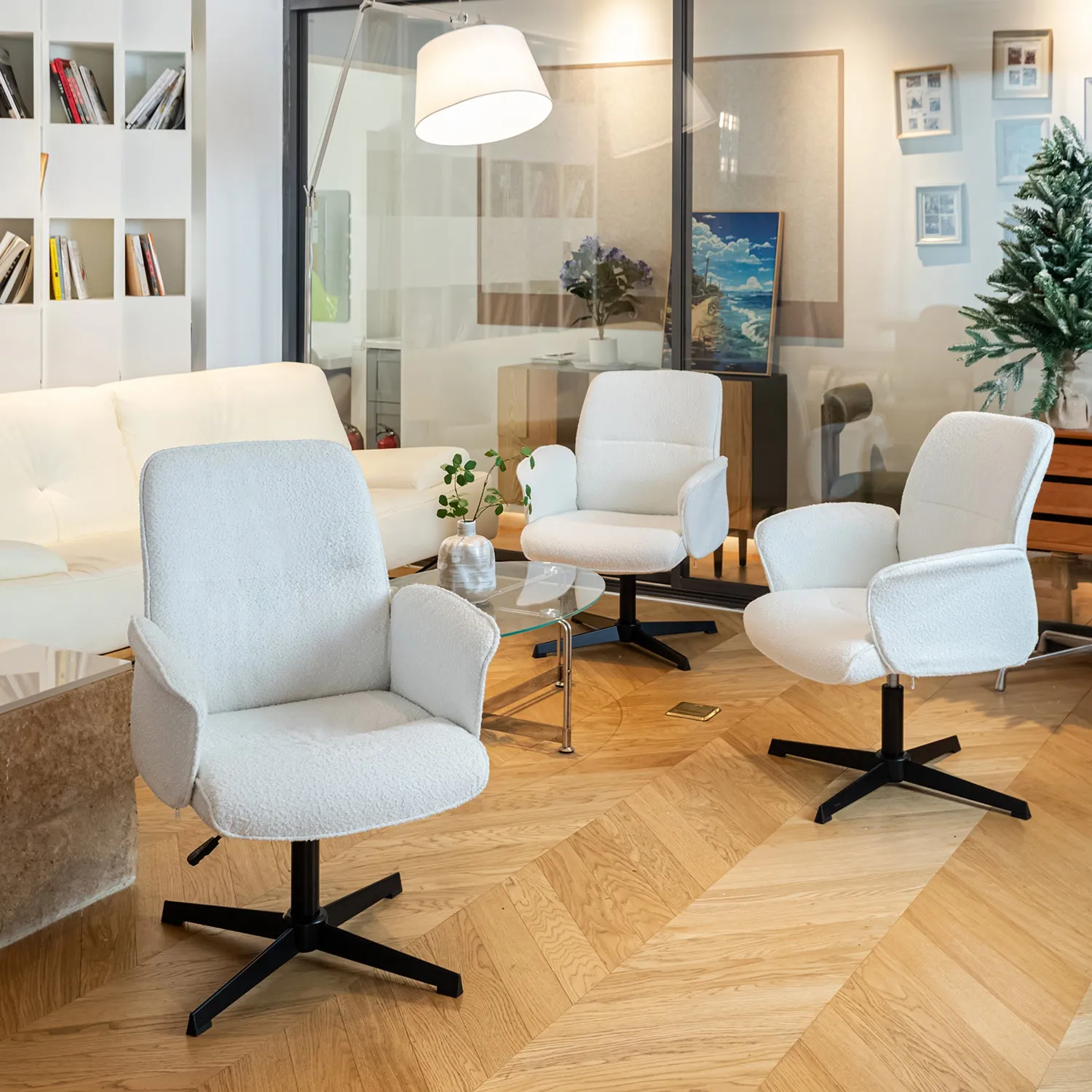 Adjustable Height Swivel Office Chair with Arms in Beige - Homy Casa