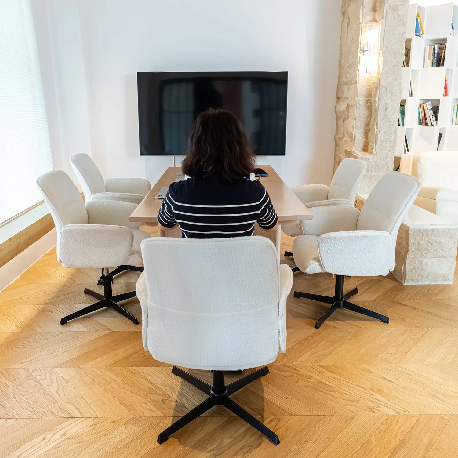 Adjustable Height Swivel Office Chair with Arms in Beige - Homy Casa