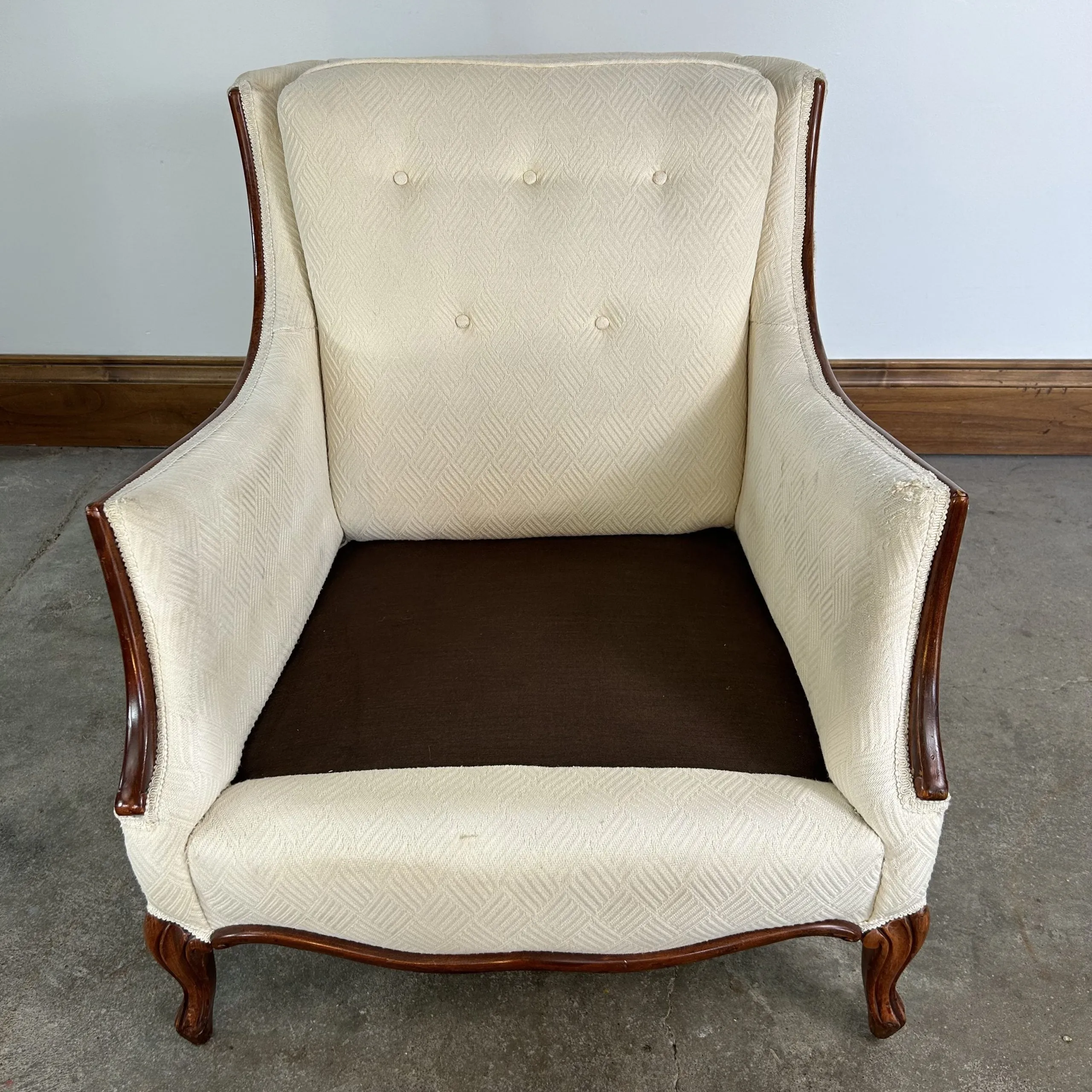 Arm Chair, Accent Chair, White Upholstery, Walnut Wood Frame