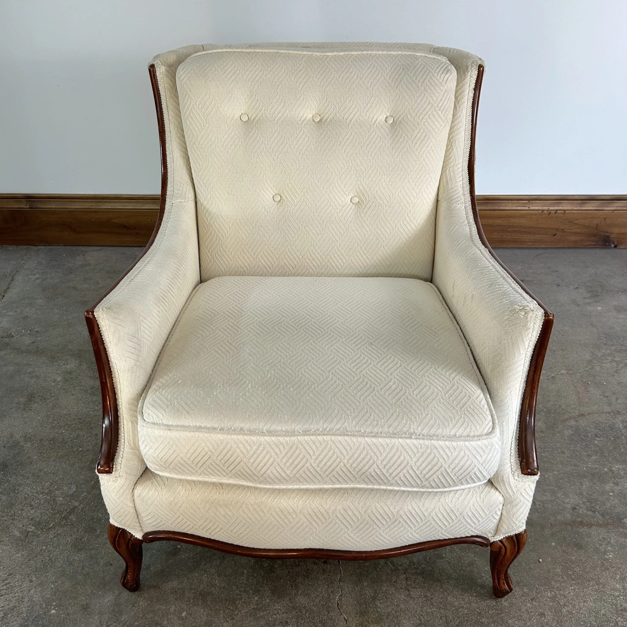 Arm Chair, Accent Chair, White Upholstery, Walnut Wood Frame