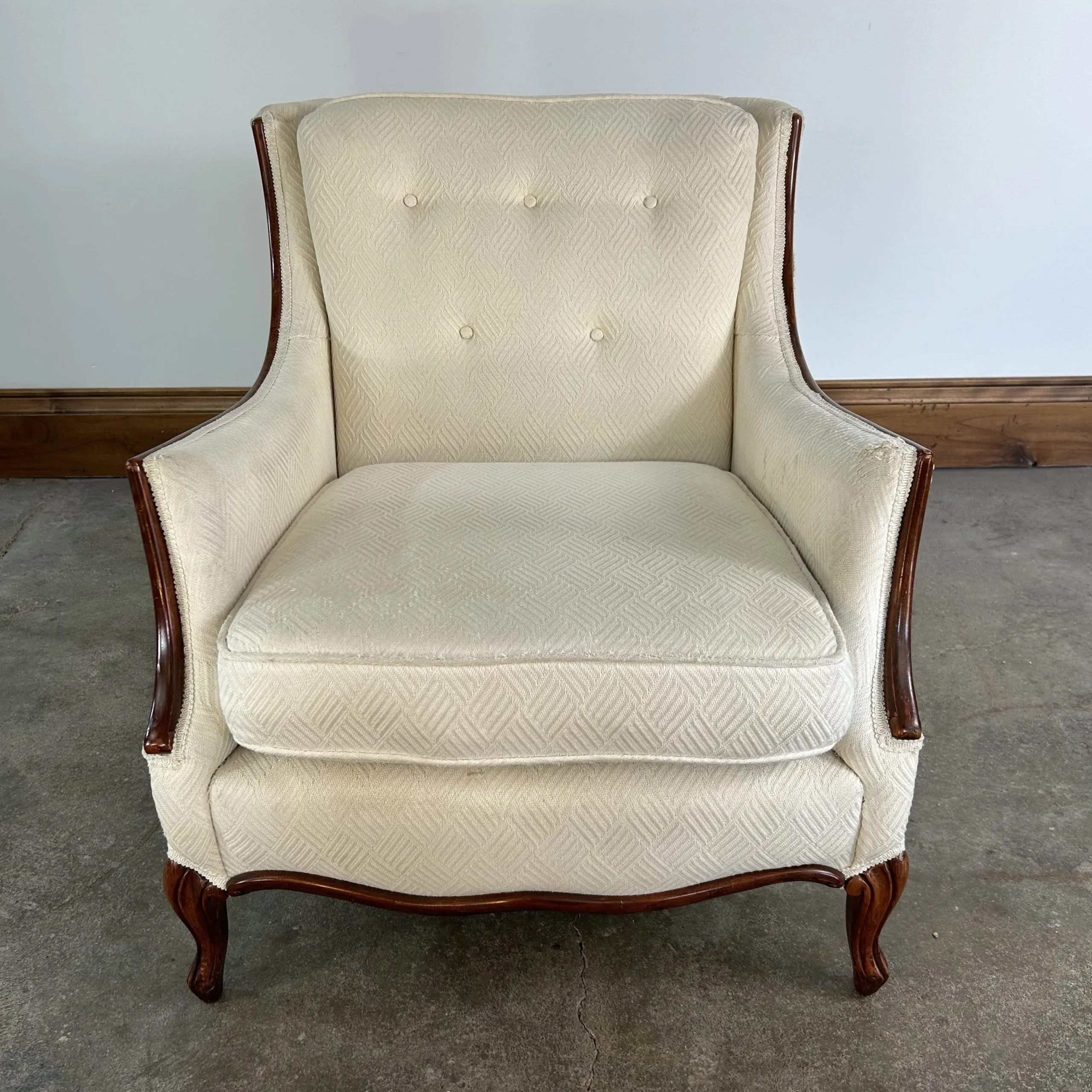 Arm Chair, Accent Chair, White Upholstery, Walnut Wood Frame