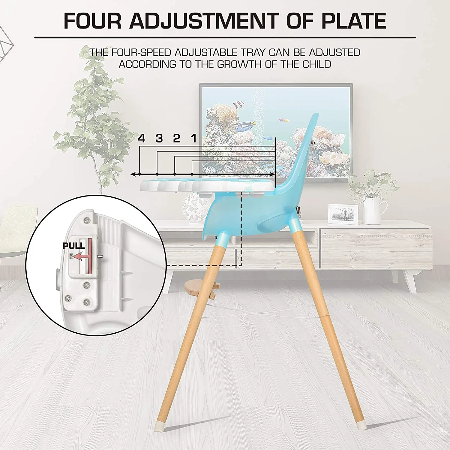 Baby Wooden Dining High Chair Removable Tray Adjustable Legs