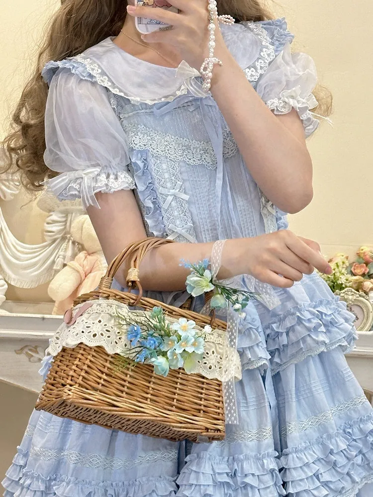 Blue Puff Sleeves Peter Pan Collar Blouse