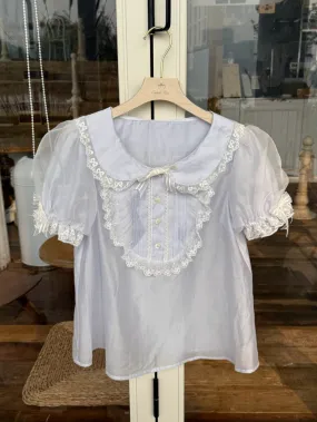 Blue Puff Sleeves Peter Pan Collar Blouse