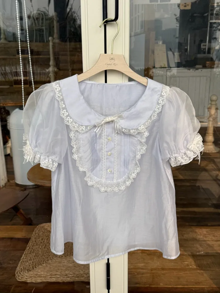 Blue Puff Sleeves Peter Pan Collar Blouse
