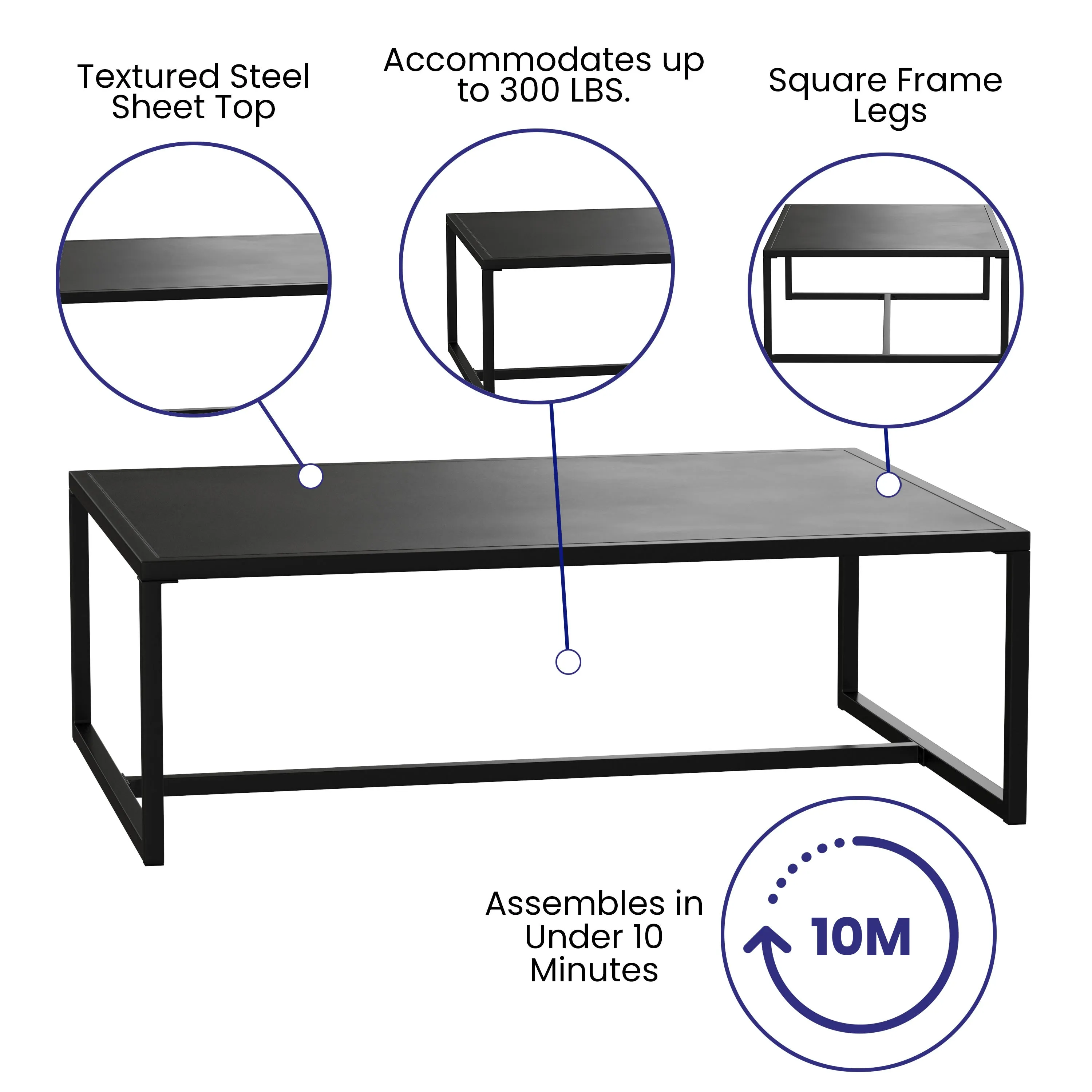 Brock Outdoor Patio Coffee Table Commercial Grade Coffee Table for Deck, Porch, or Poolside - Steel Square Leg Frame