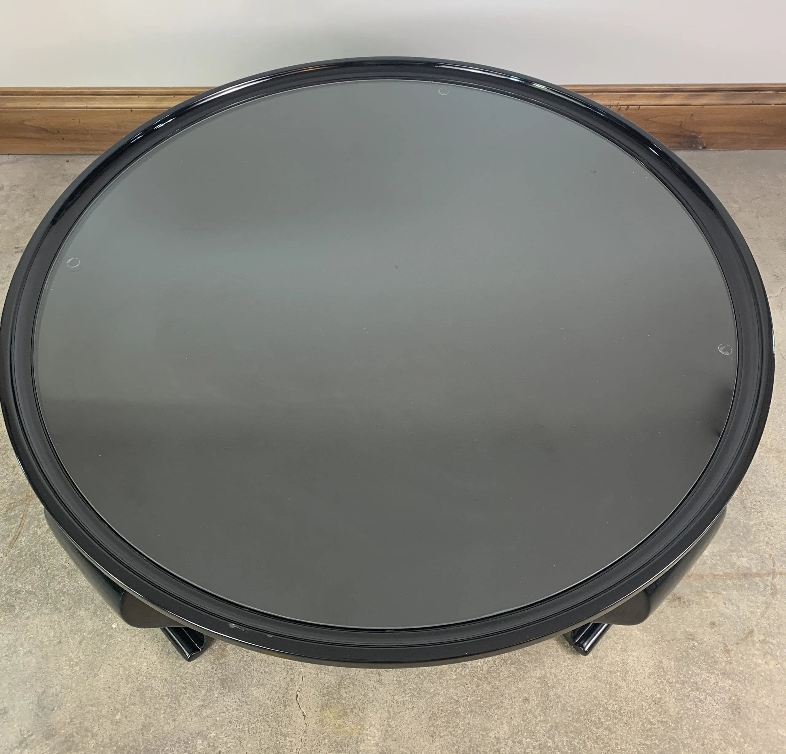 Coffee Table, Round Black Lacquered Table, With Glass Top