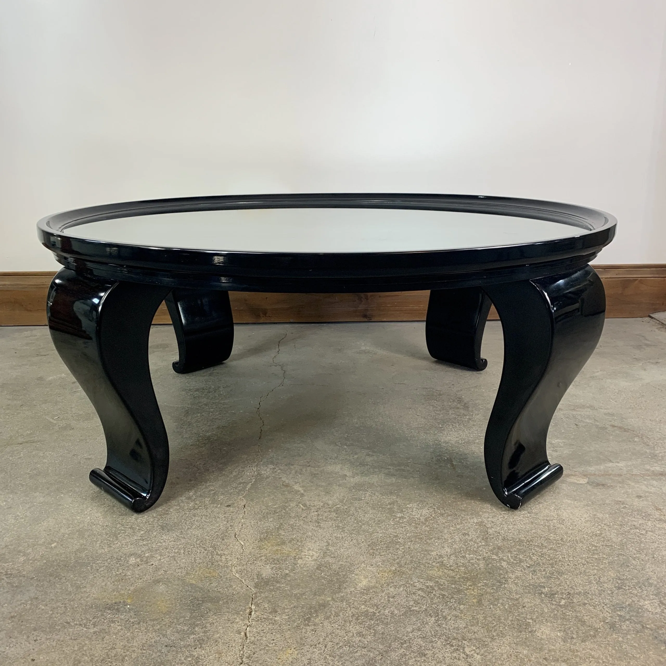 Coffee Table, Round Black Lacquered Table, With Glass Top