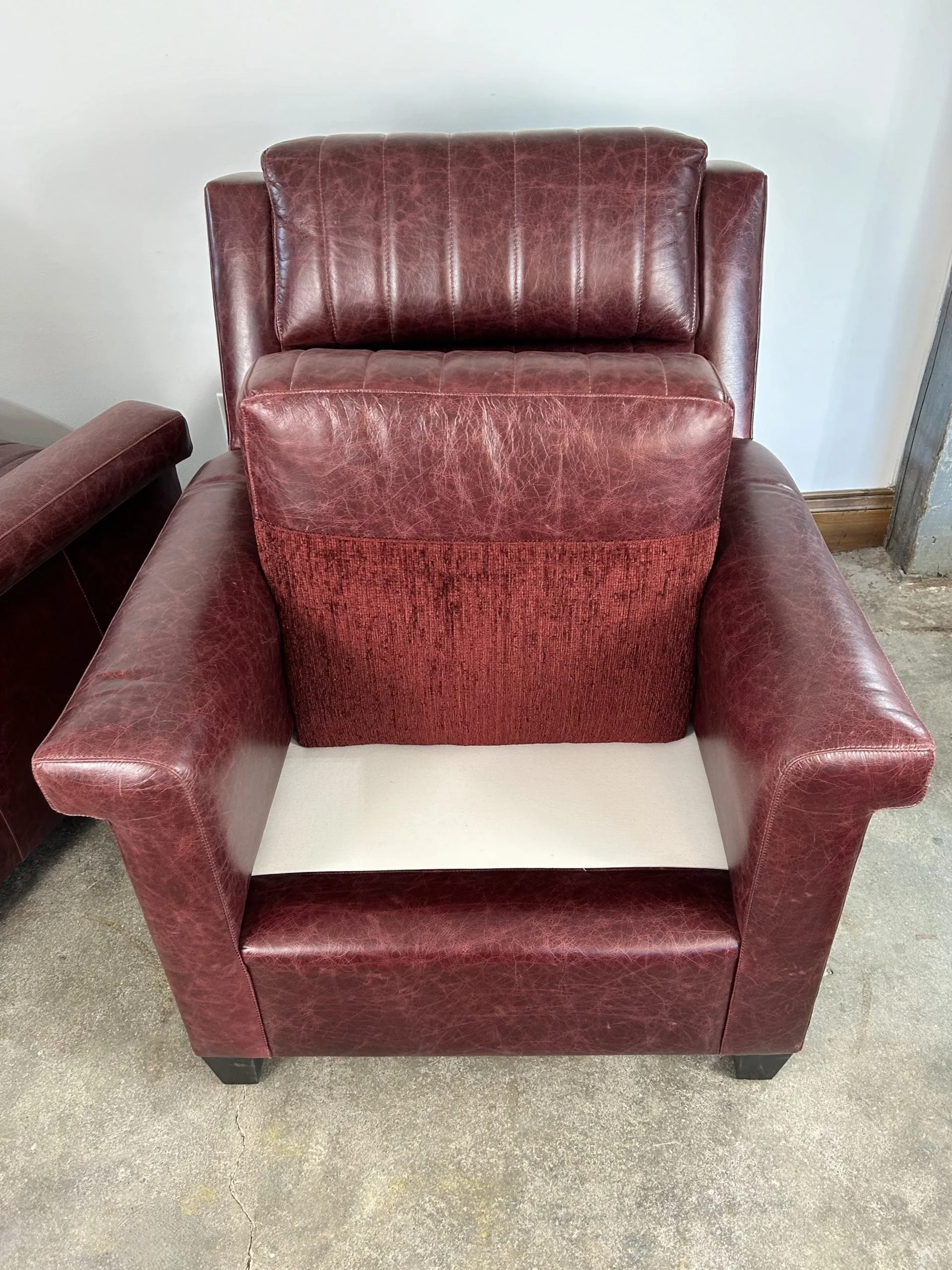 Custom Leather Chair And Ottoman, Burgundy, 2 Pairs Available