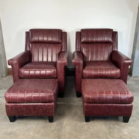 Custom Leather Chair And Ottoman, Burgundy, 2 Pairs Available
