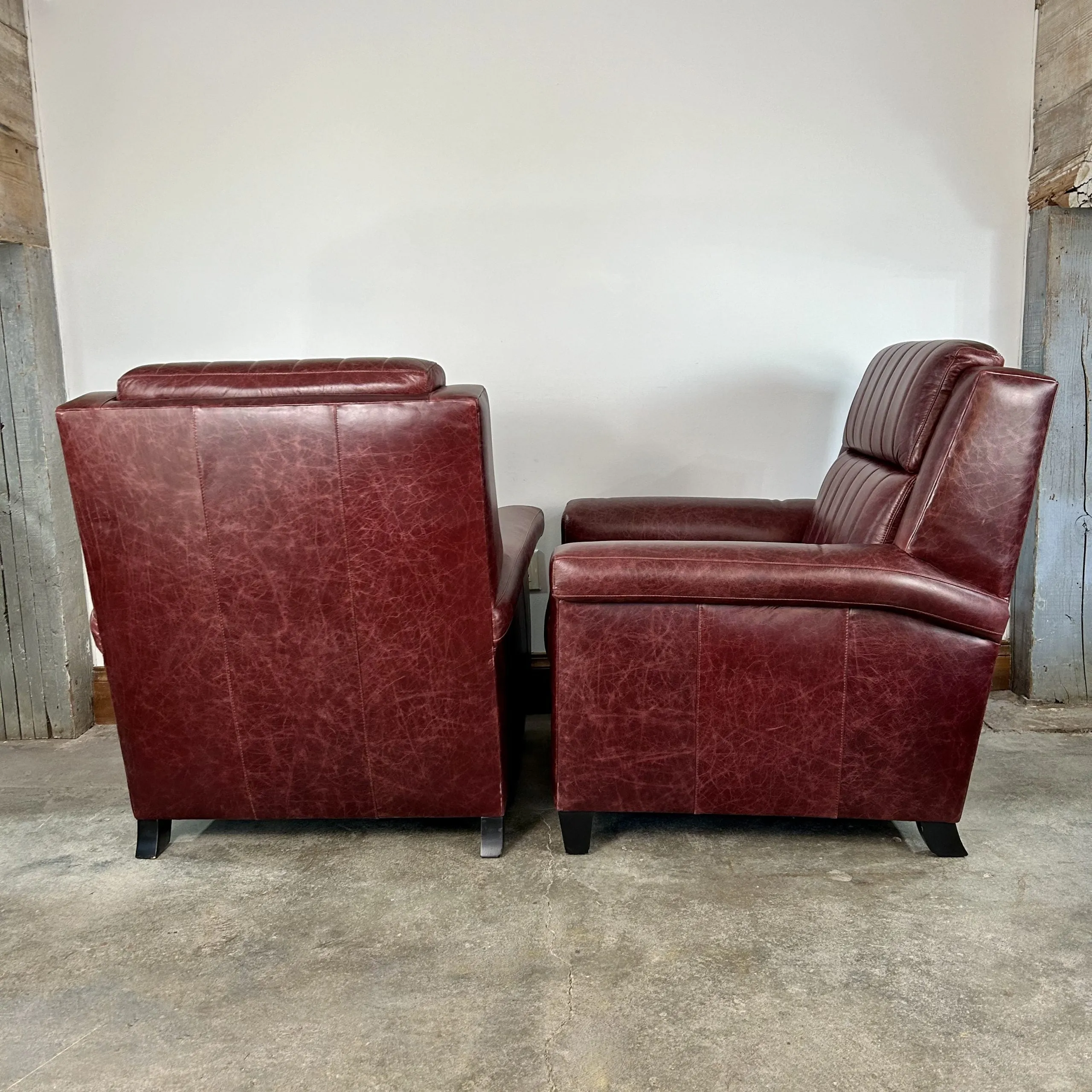 Custom Leather Chair And Ottoman, Burgundy, 2 Pairs Available