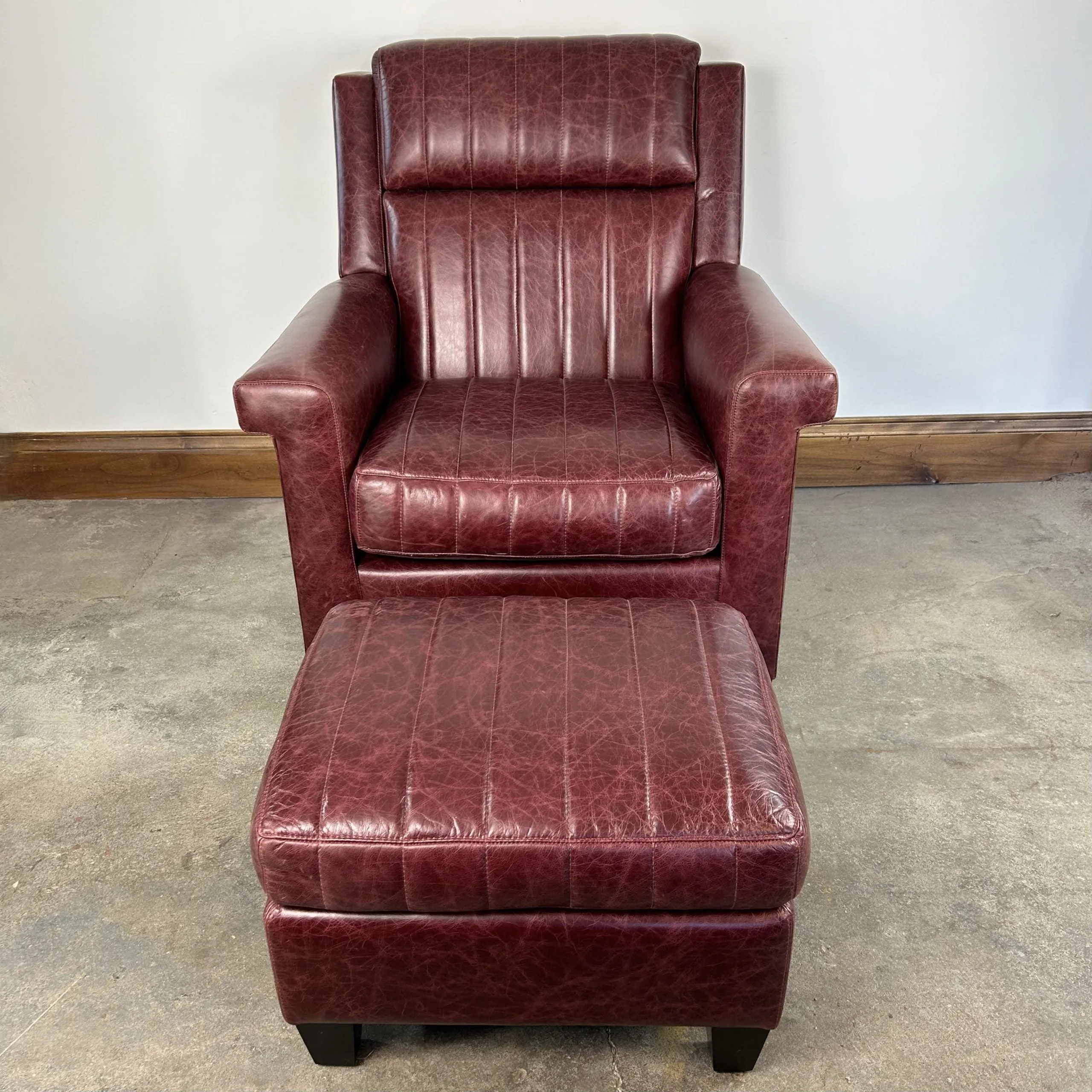 Custom Leather Chair And Ottoman, Burgundy, 2 Pairs Available