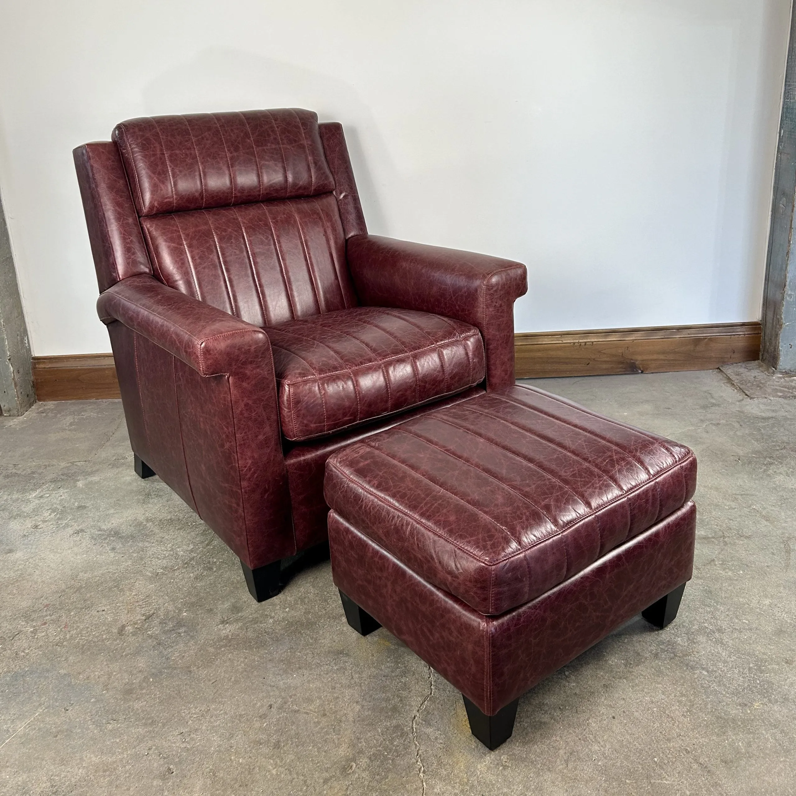 Custom Leather Chair And Ottoman, Burgundy, 2 Pairs Available