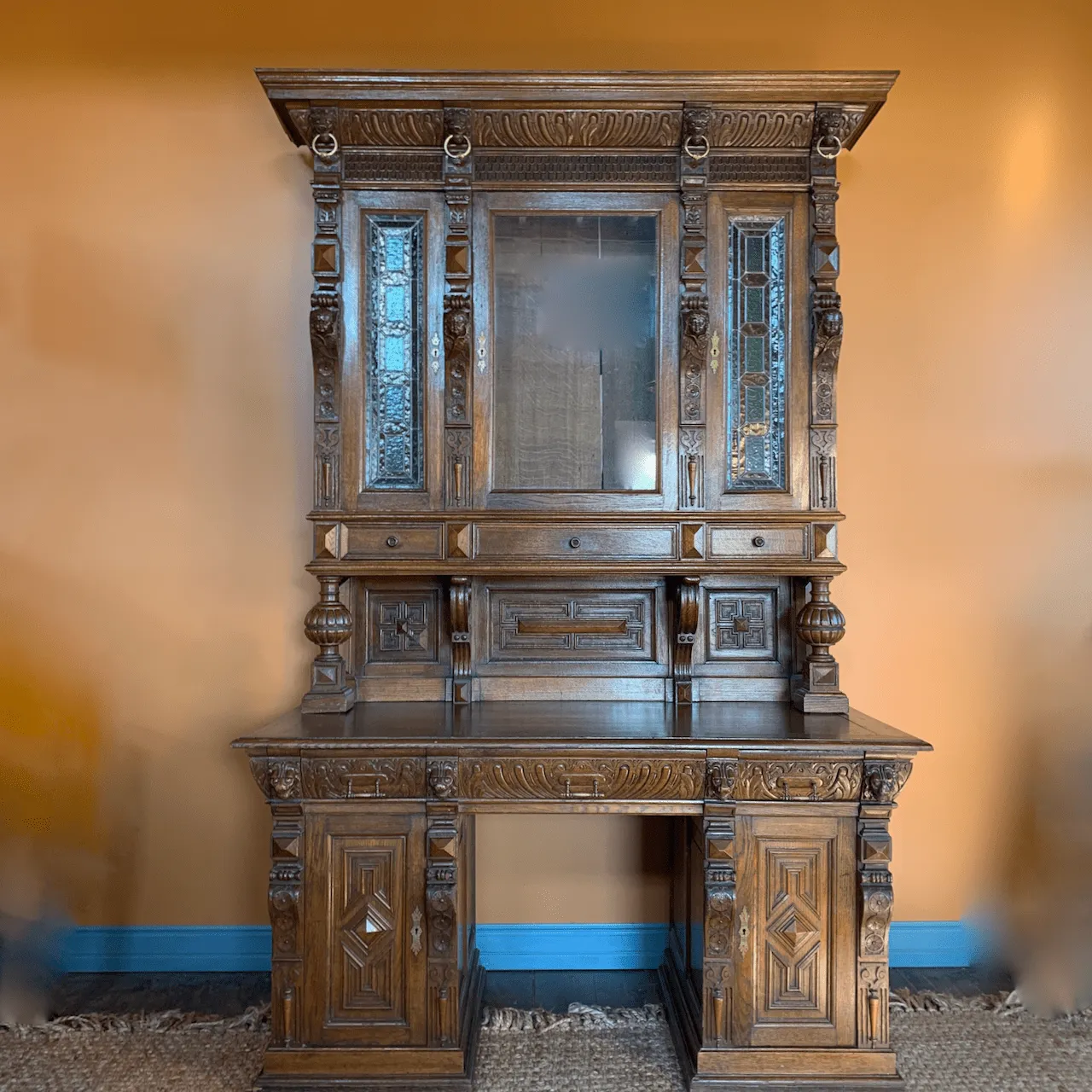 Desk, Sideboard, Austrian, Vintage with Stained Glass