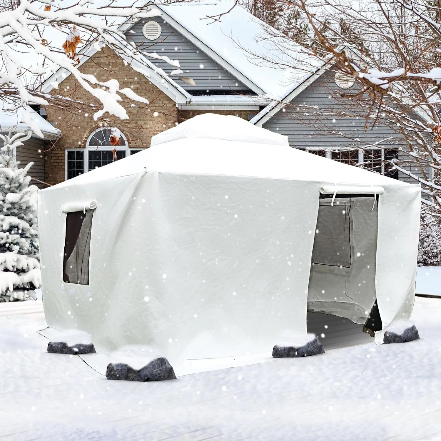 All-Season Waterproof Universal Winter Gazebo Cover - 12 x 14 Hardtop Protection with Sidewalls & Ventilated Mesh Windows - Outdoor Enclosed Cover in White