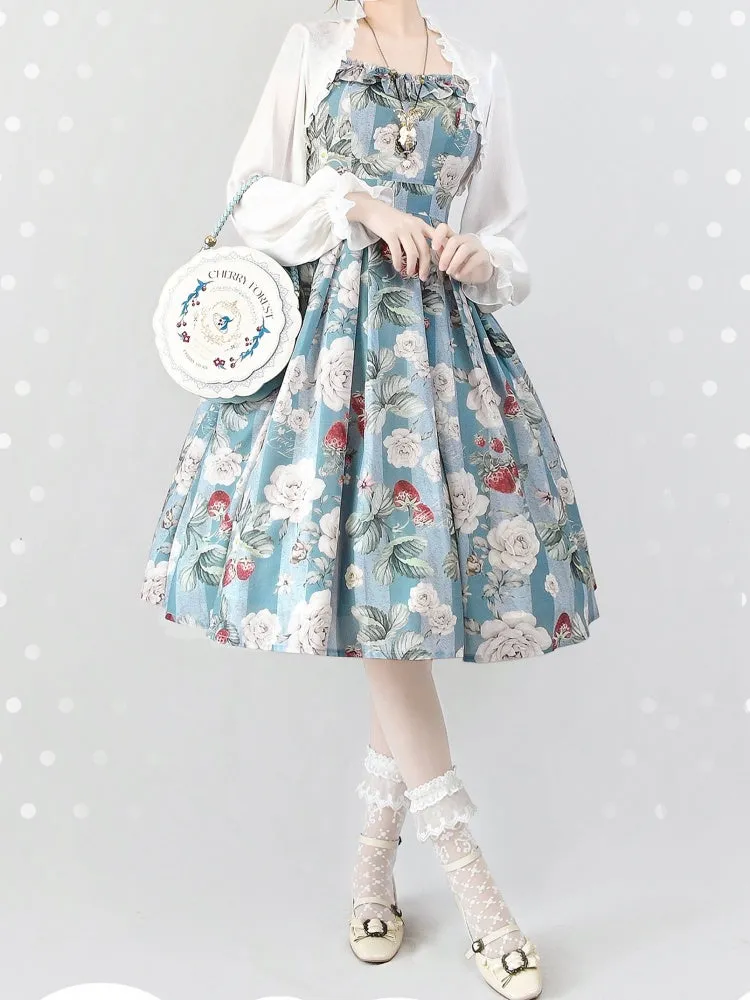 Dusty Blue Strawberry and Rose Jumper Skirt Dress