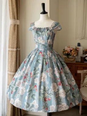 Dusty Blue Strawberry and Rose Jumper Skirt Dress