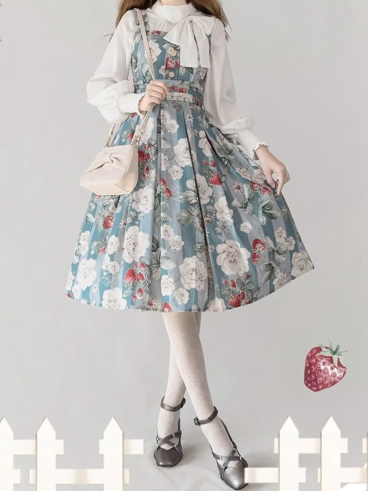 Dusty Blue Strawberry and Rose Square Neckline Elegant Classic Lolita JSK Dress