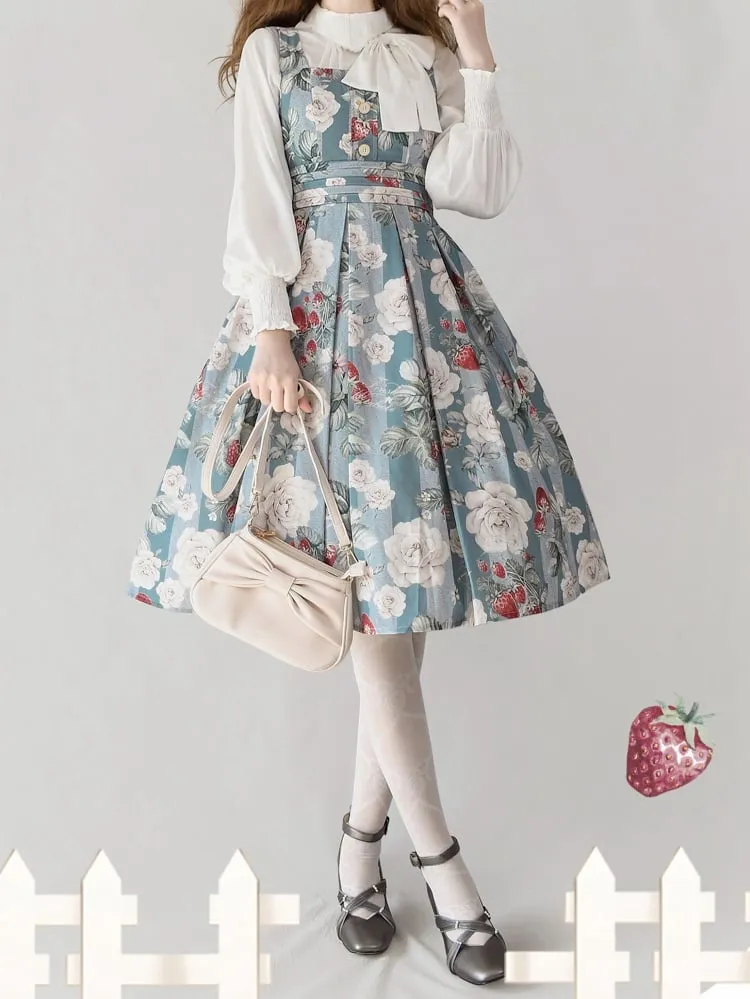 Dusty Blue Strawberry and Rose Square Neckline Elegant Classic Lolita JSK Dress