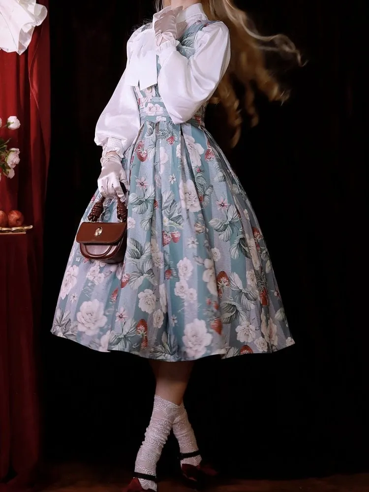 Dusty Blue Strawberry and Rose Square Neckline Elegant Classic Lolita JSK Dress